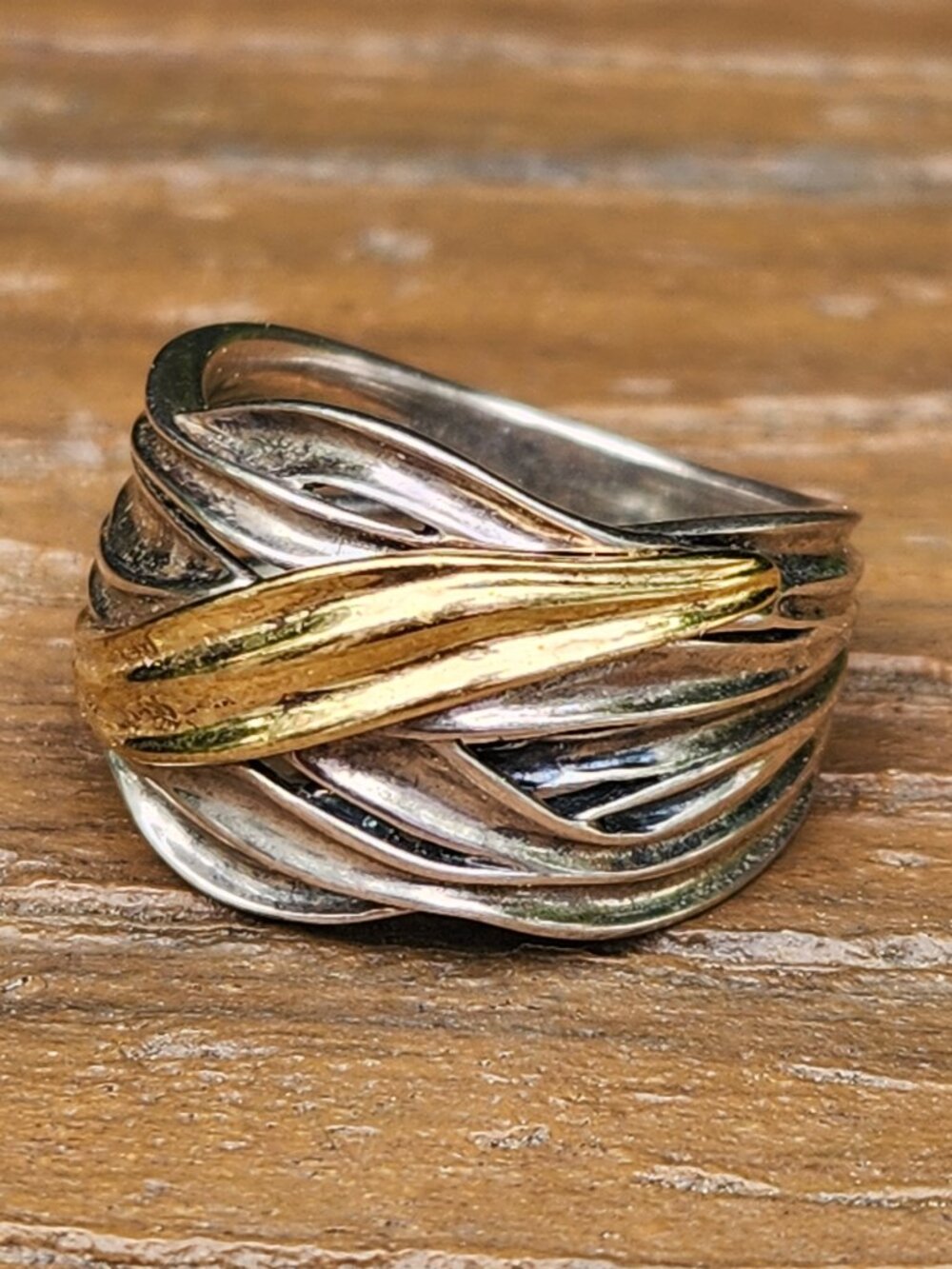 PZ ISRAEL Wide Natural Wavy Twist Band Two-Tone RING, size 8